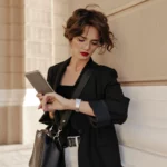 mulher-de-negocios-elegante-com-bolsa-segurando-tablet-enquanto-olha-as-hora-no-relogio-de-pulso-marcas-de-relogios-femininos-mais-vendidos