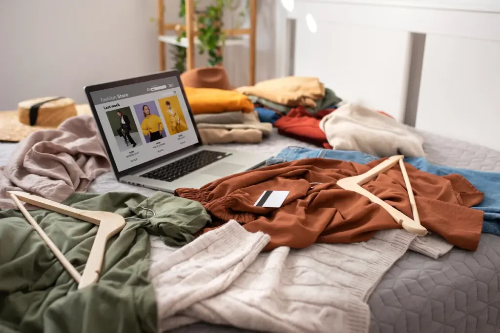 Diversas roupas sobre a cama para organizar as ideias para lojas de roupas online
