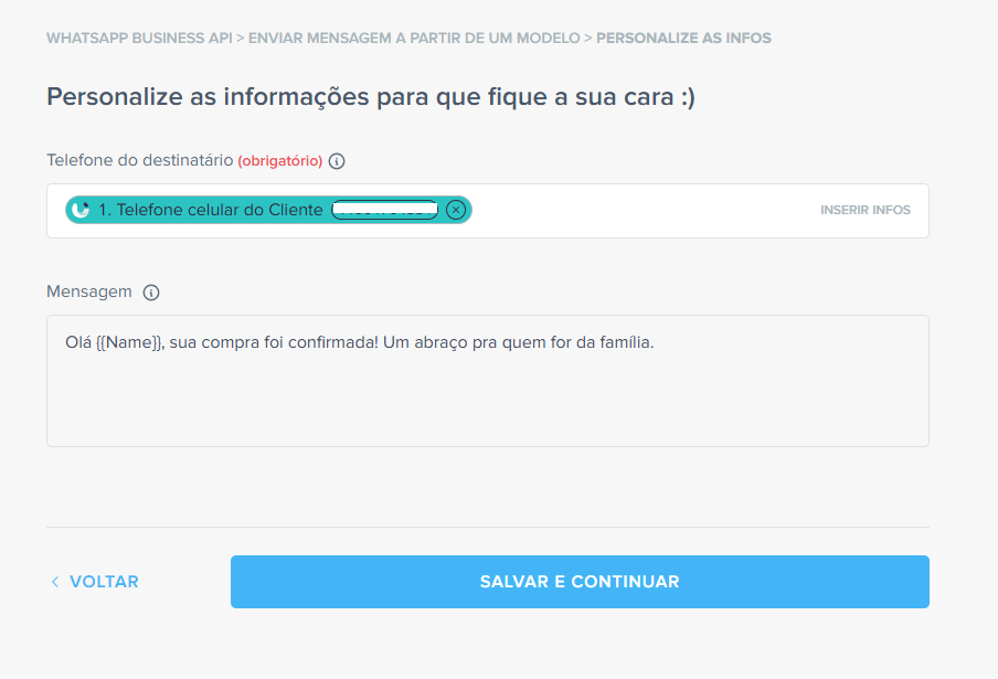 personalização do que será preenchido automaticamente na mensagem para fidelizar clientes