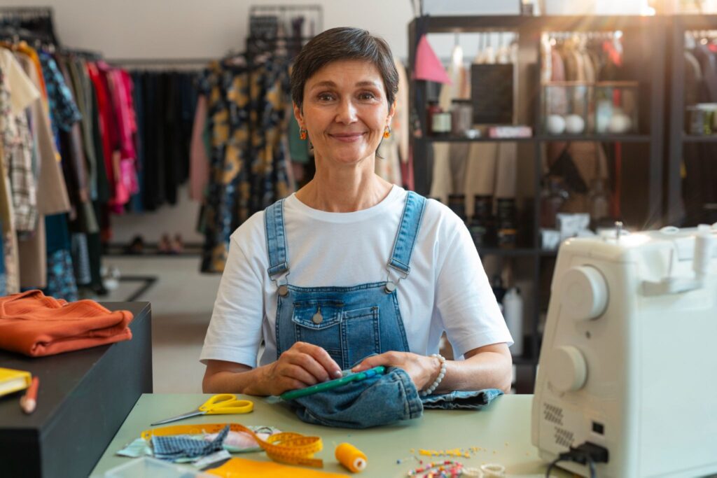 Costureira em ateliê com máquina de costura, tesoura e tecidos sobre a mesa, olhando para a câmera