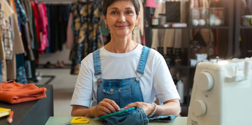 Costureira em ateliê com máquina de costura, tesoura e tecidos sobre a mesa, olhando para a câmera